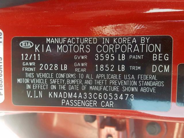 KNADM4A33C6053473 - 2012 KIA RIO LX RED photo 10