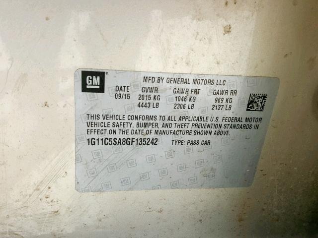 1G11C5SA8GF135242 - 2016 CHEVROLET MALIBU LIM 金色 照片 10