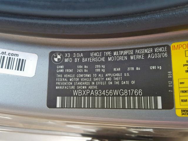 WBXPA93456WG81766 - 2006 BMW X3 3.0I SILVER photo 10