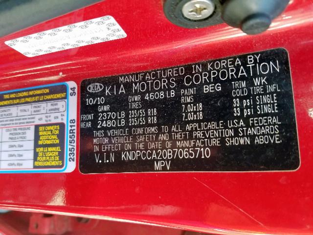 KNDPCCA20B7065710 - 2011 KIA SPORTAGE E RED photo 10