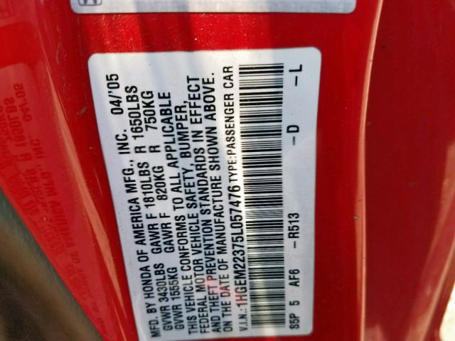 1HGEM22375L057476 - 2005 HONDA CIVIC DX V RED photo 10