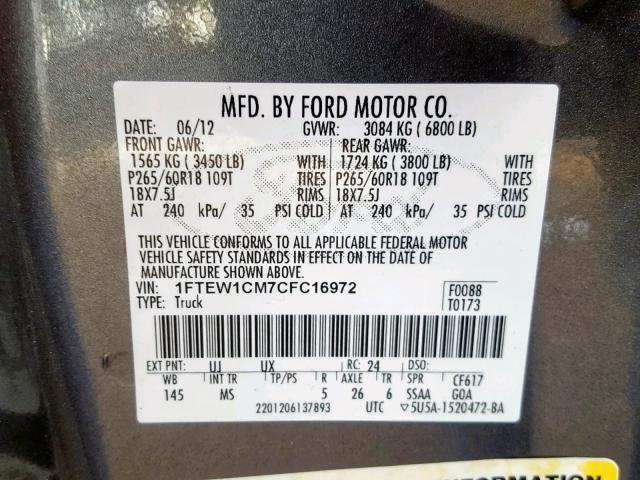 1FTEW1CM7CFC16972 - 2012 FORD F150 SUPER CHARCOAL photo 10