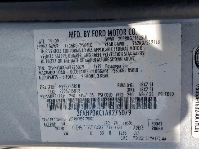 3FAHP0KC1AR275079 - 2010 FORD FUSION SPO SILVER photo 10