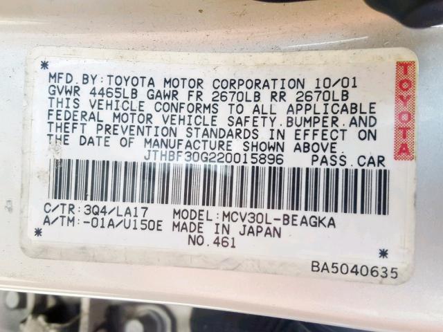 JTHBF30G220015896 - 2002 LEXUS ES 300 CREAM photo 10