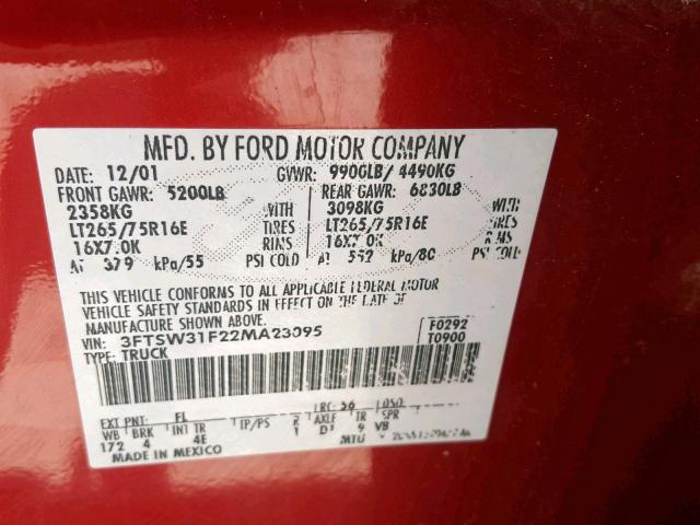 3FTSW31F22MA23095 - 2002 FORD F350 SRW S RED photo 10