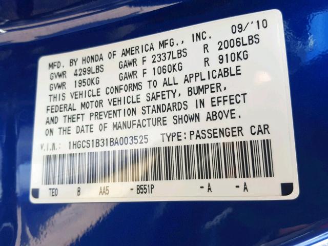 1HGCS1B31BA003525 - 2011 HONDA ACCORD LX- BLUE photo 10