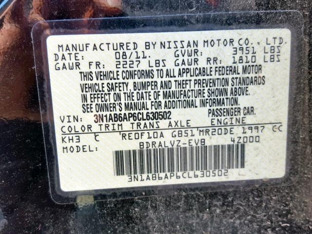 3N1AB6AP6CL630502 - 2012 NISSAN SENTRA 2.0 BLACK photo 10