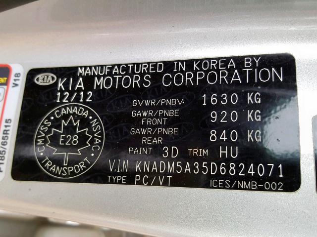 KNADM5A35D6824071 - 2013 KIA RIO LX SILVER photo 10