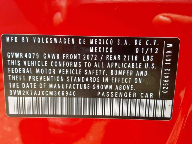3VW2K7AJXCM366940 - 2012 VOLKSWAGEN JETTA BASE 红色 照片 10