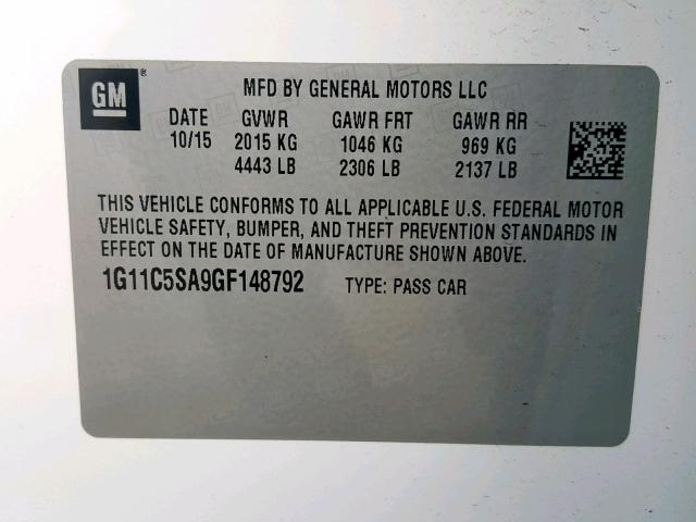 1G11C5SA9GF148792 - 2016 CHEVROLET MALIBU LIM 白色 照片 10