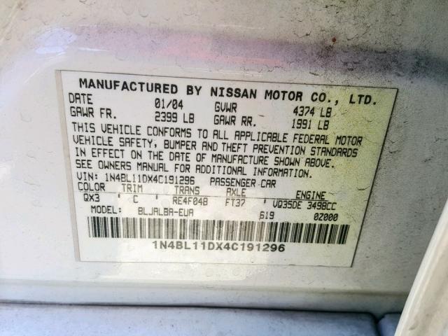 1N4BL11DX4C191296 - 2004 NISSAN ALTIMA SE WHITE photo 10