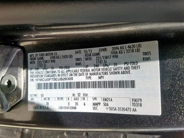 1FMCU0F75EUB29305 - 2014 FORD ESCAPE S GRAY photo 10