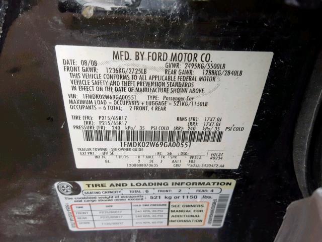 1FMDK02W69GA00551 - 2009 FORD TAURUS X S BLACK photo 10