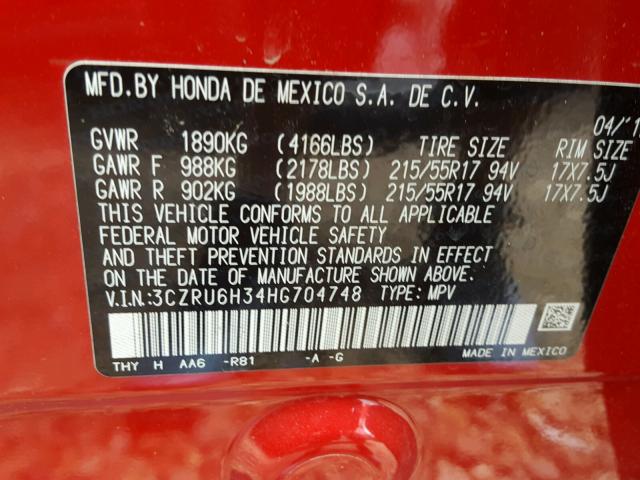 3CZRU6H34HG704748 - 2017 HONDA HR-V LX RED photo 10