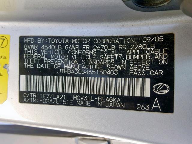 JTHBA30G465150403 - 2006 LEXUS ES 330 SILVER photo 10