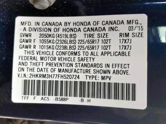 2HKRM3H77FH520724 - 2015 HONDA CR-V EXL BLUE photo 10