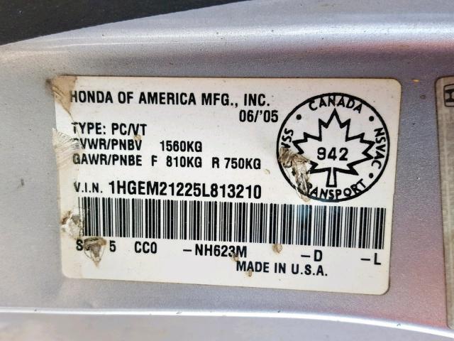 1HGEM21225L813210 - 2005 HONDA CIVIC DX SILVER photo 10