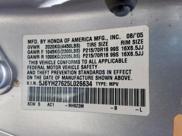 5J6YH27625L026634 - 2005 HONDA ELEMENT EX SILVER photo 10