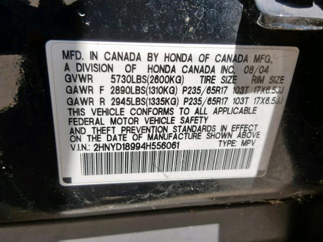 2HNYD18994H556061 - 2004 ACURA MDX TOURIN BLACK photo 10