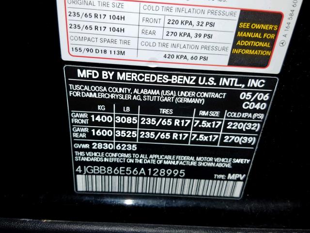 4JGBB86E56A128995 - 2006 MERCEDES-BENZ ML 350 BLACK photo 10