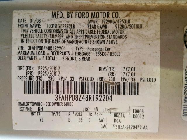 3FAHP08Z48R192204 - 2008 FORD FUSION SEL SILVER photo 10