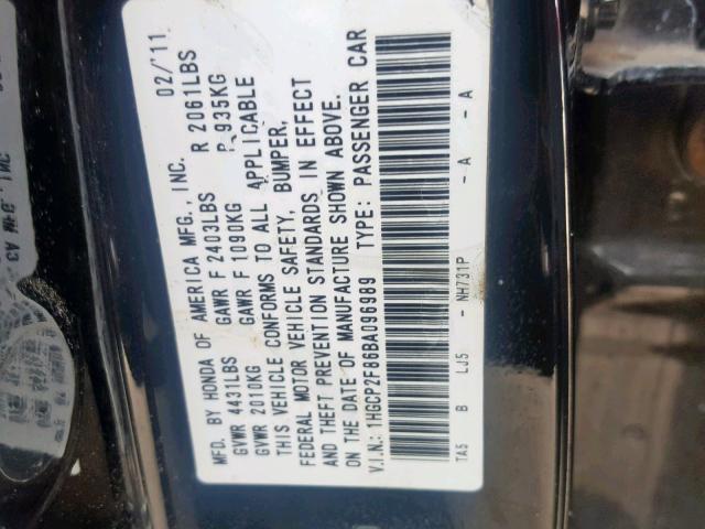 1HGCP2F86BA096989 - 2011 HONDA ACCORD EXL BLACK photo 10