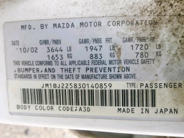 JM1BJ225830140859 - 2003 MAZDA PROTEGE DX WHITE photo 10