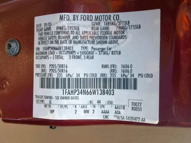 1FAHP34N66W138403 - 2006 FORD FOCUS ZX4 BURGUNDY photo 10