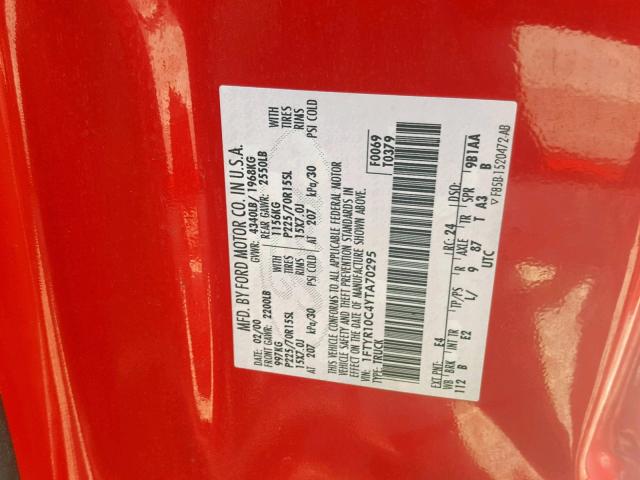 1FTYR10C4YTA70295 - 2000 FORD RANGER RED photo 10