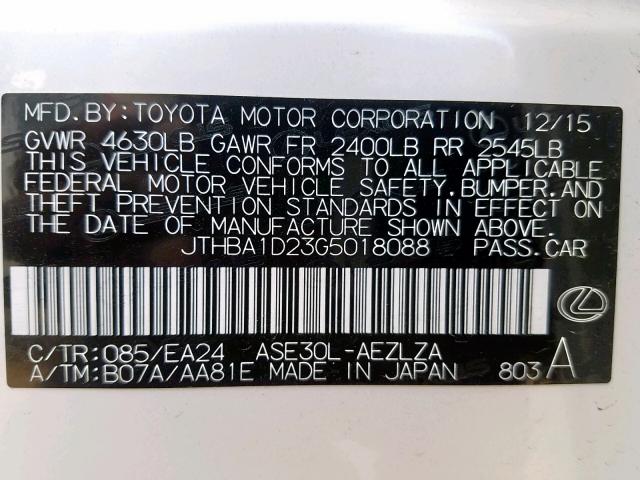 JTHBA1D23G5018088 - 2016 LEXUS IS 200T WHITE photo 10