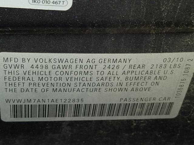 WVWJM7AN1AE122835 - 2010 VOLKSWAGEN PASSAT KOM GRAY photo 10