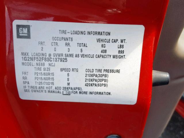 1G2NF52F83C137925 - 2003 PONTIAC GRAND AM S RED photo 10