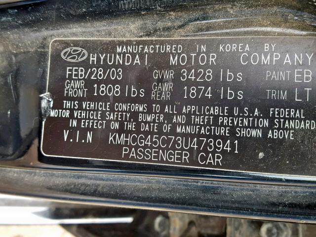 KMHCG45C73U473941 - 2003 HYUNDAI ACCENT GL BLACK photo 10