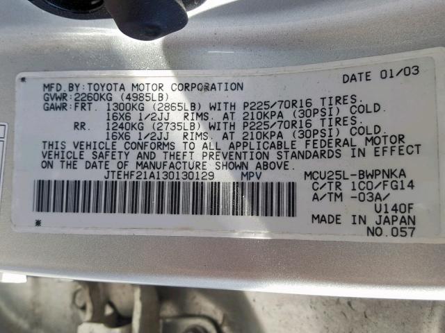 JTEHF21A130130129 - 2003 TOYOTA HIGHLANDER SILVER photo 10