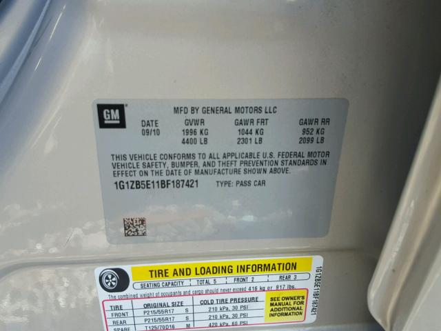 1G1ZB5E11BF187421 - 2011 CHEVROLET MALIBU LS 米色 照片 10