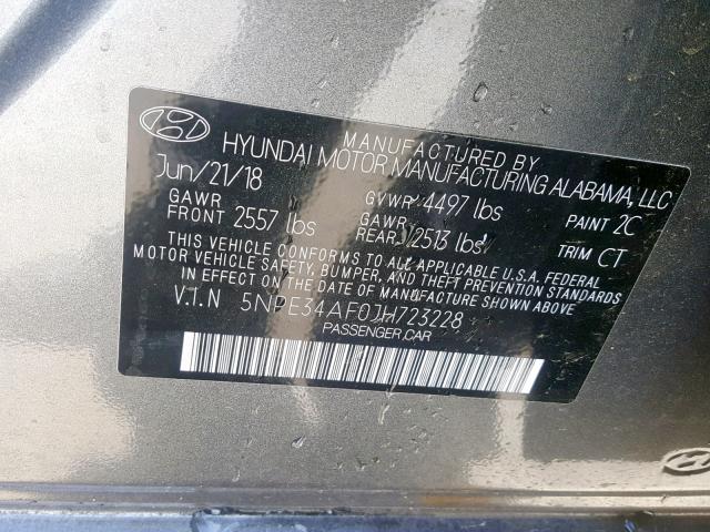 5NPE34AF0JH723228 - 2018 HYUNDAI SONATA SPO GRAY photo 10