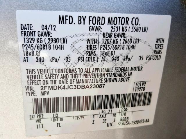 2FMDK4JC3DBA23087 - 2013 FORD EDGE SEL SILVER photo 10