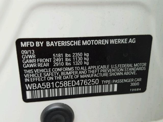 WBA5B1C58ED476250 - 2014 BMW 535 I WHITE photo 10