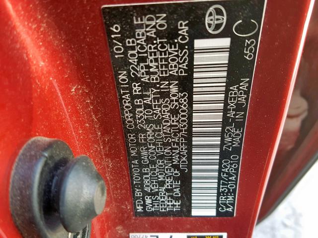 JTDKARFP7H3000683 - 2017 TOYOTA PRIUS PRIM 红色 照片 10