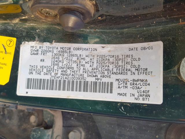 JTEHF21A210039352 - 2001 TOYOTA HIGHLANDER GREEN photo 10