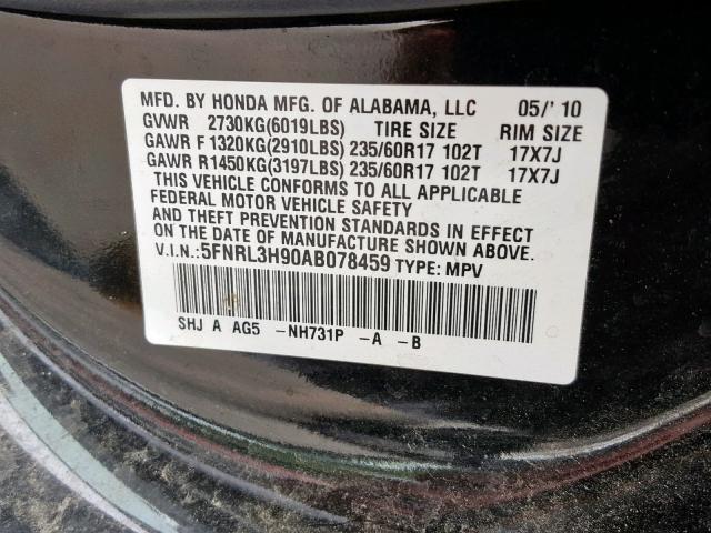 5FNRL3H90AB078459 - 2010 HONDA ODYSSEY TO BLACK photo 10