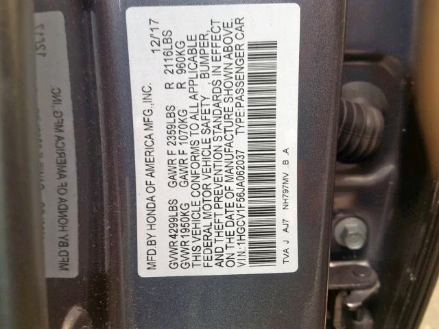 1HGCV1F56JA062037 - 2018 HONDA ACCORD EXL GRAY photo 10