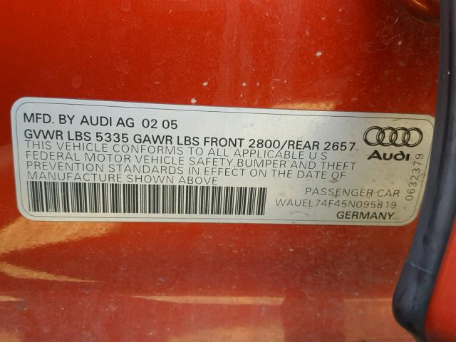 WAUEL74F45N095819 - 2005 AUDI A6 S-LINE RED photo 10