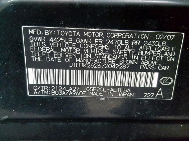 JTHBK262672042287 - 2007 LEXUS IS 250 BLACK photo 10