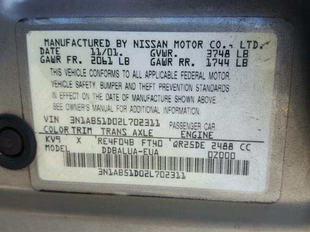 3N1AB51D02L702311 - 2002 NISSAN SENTRA SE- BEIGE photo 10