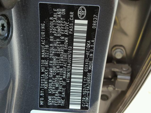 4T1BK1EB4JU287013 - 2018 TOYOTA AVALON XLE CHARCOAL photo 10