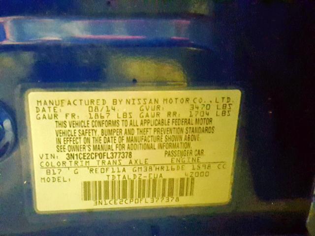 3N1CE2CP0FL377378 - 2015 NISSAN VERSA NOTE BLUE photo 10