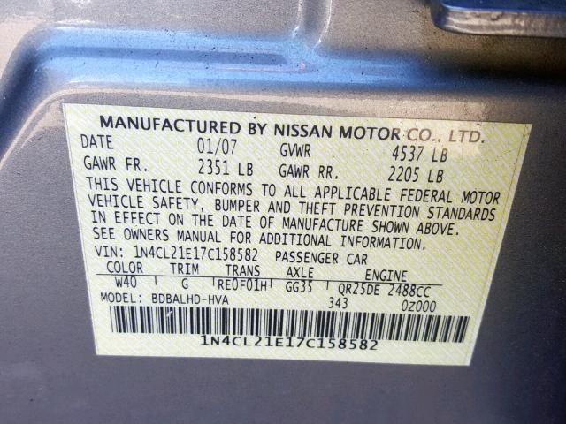 1N4CL21E17C158582 - 2007 NISSAN ALTIMA HYB SILVER photo 10