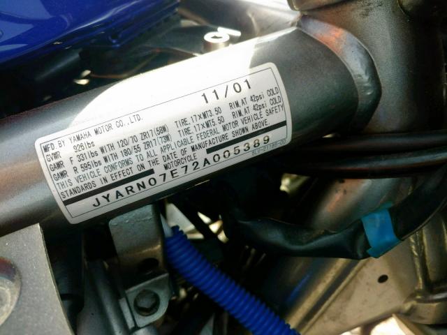 JYARN07E72A005389 - 2002 YAMAHA FZS10 BLUE photo 10