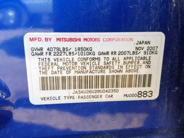 JA3AU26U28U042350 - 2008 MITSUBISHI LANCER ES BLUE photo 10